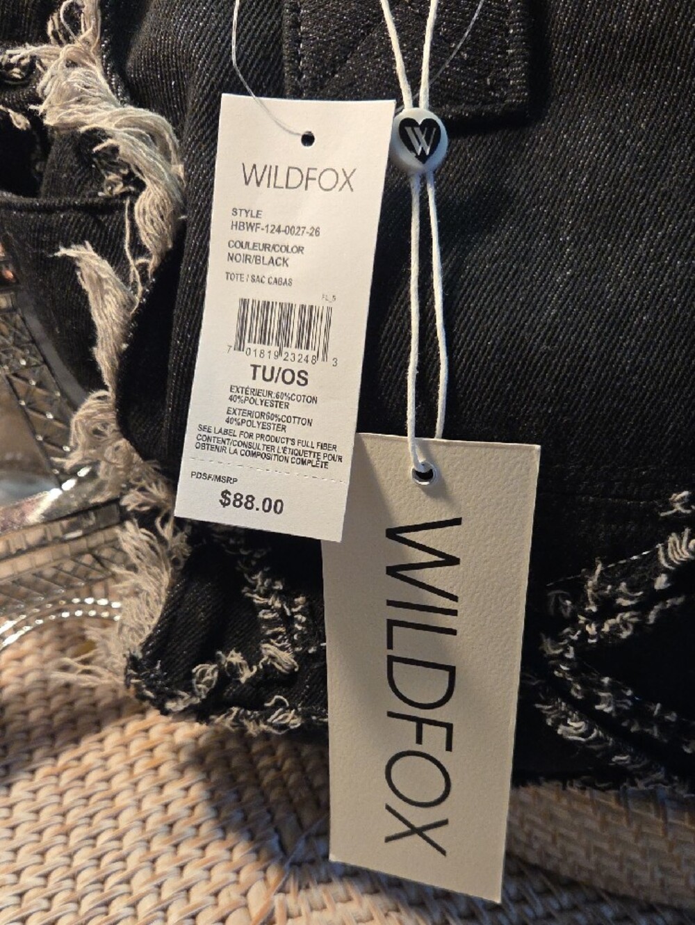 Wildfox Black Frayed Patchwork Denim Tote with White Trim - Picture 2 of 3
